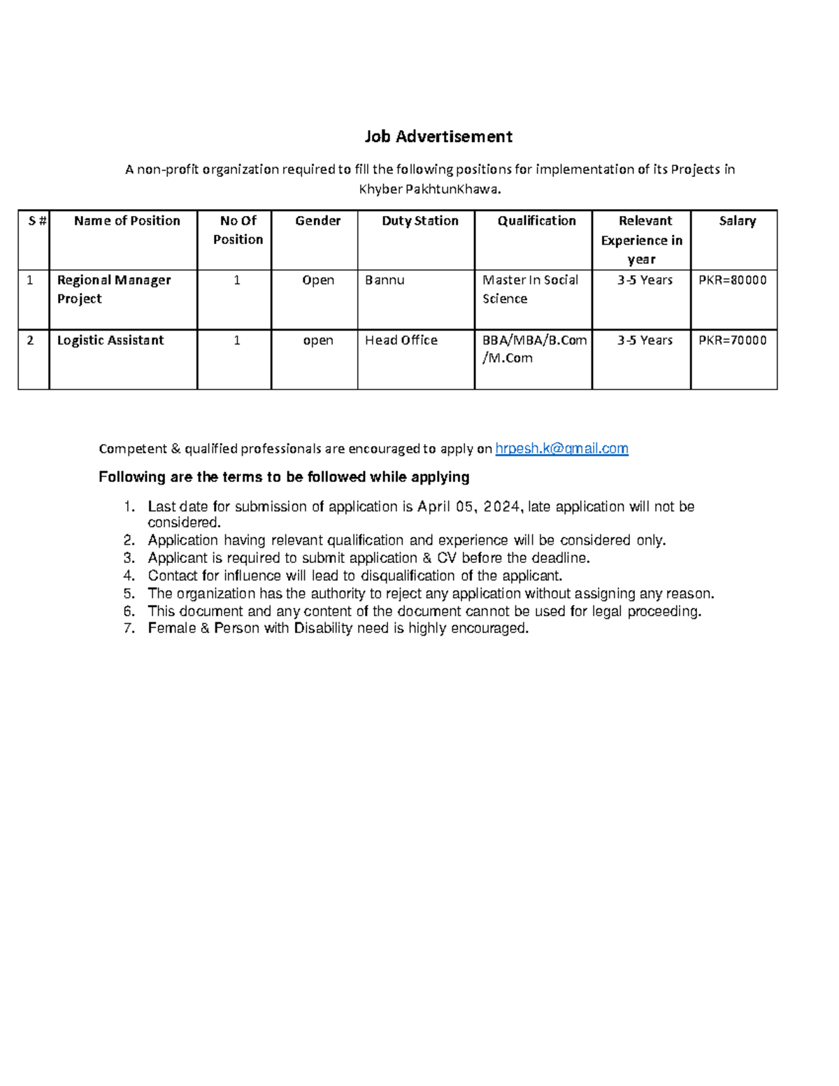 Job advertisment Multi Position 29 March 2024 - Job Advertisement A non ...