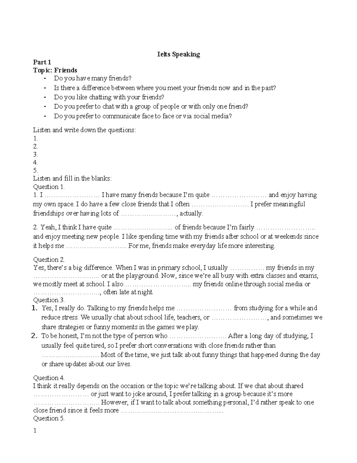 IELTS Speaking: Friends - Part 1 Questions & Sample Answers - Studocu