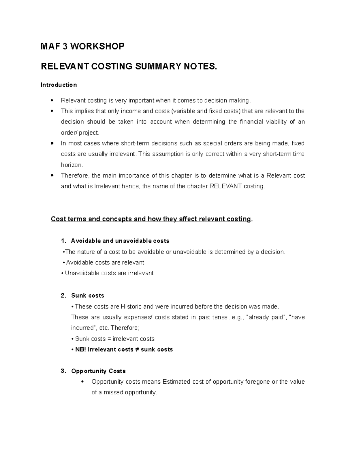 MAF 3 Workshop: Summary Notes on Relevant Costing Concepts - Studocu