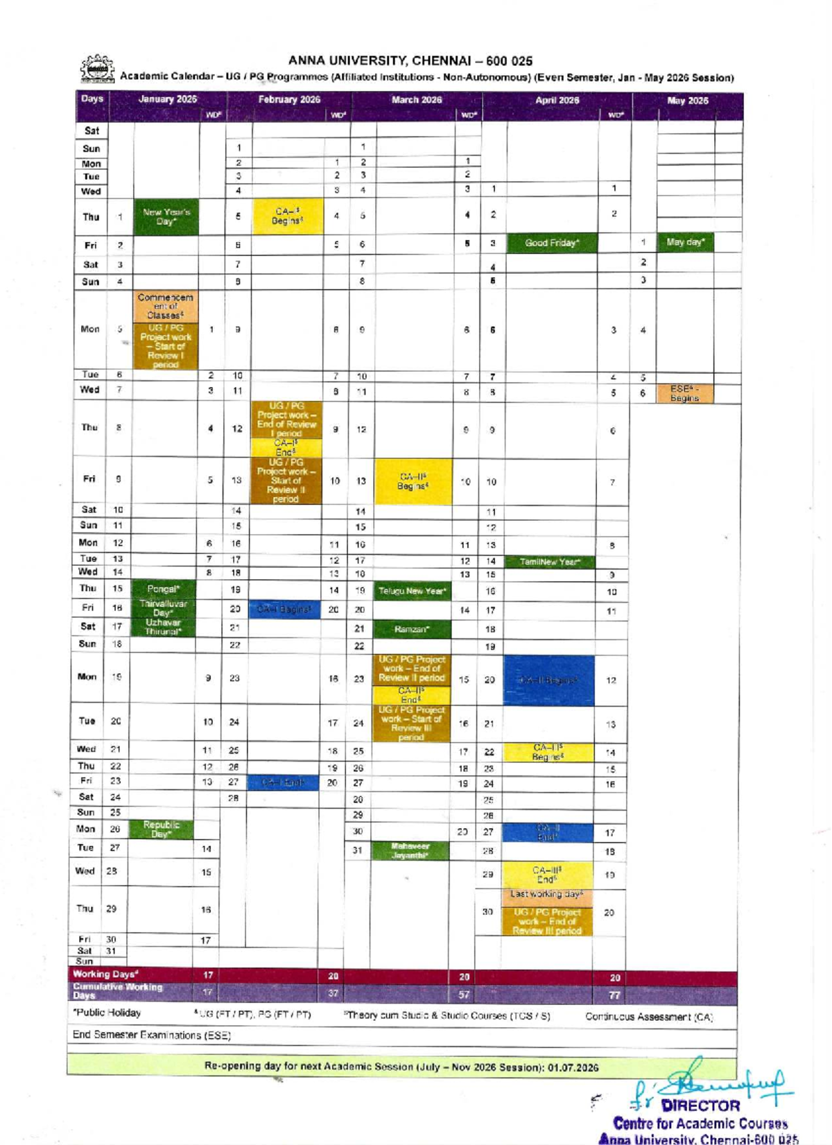 Anna University Academic Calendar UG PG (Even Sem Jan-May 2026) - Studocu