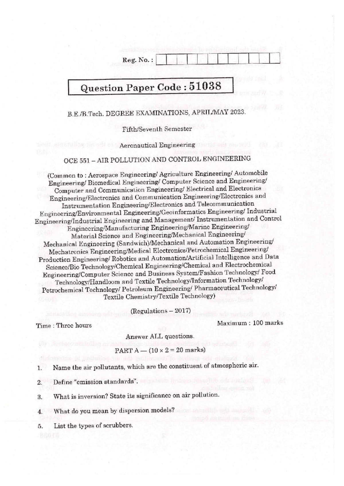 OCE 551 - Air Pollution and Control Engineering Exam Paper 2023 - Studocu