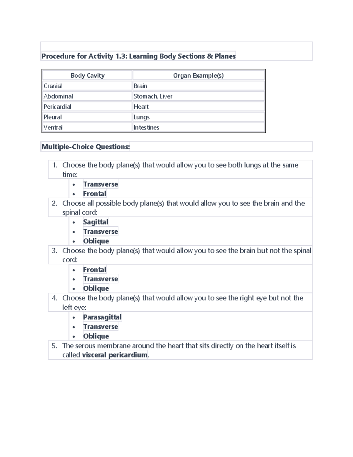 Procedure for Activity 1.3: Body Sections & Planes Overview - Studocu