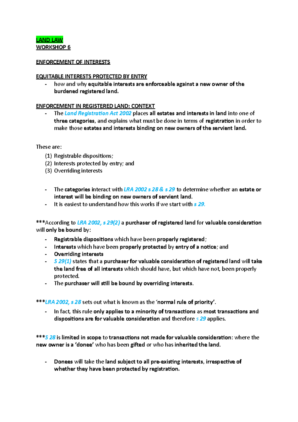 Equitable Interests Protected BY Entry - LAND LAW WORKSHOP 6 ...