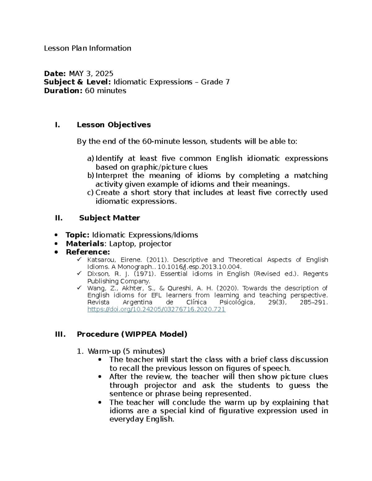 Lesson Plan: Idiomatic Expressions for Grade 7 (60 min) - Studocu