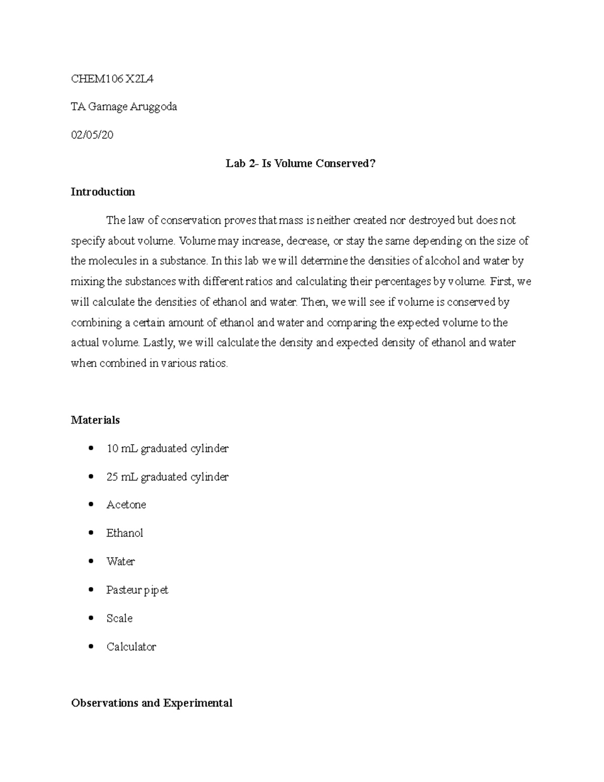 CHEM 106 Lab 2 - Investigation of Volume Conservation in Mixtures - Studocu