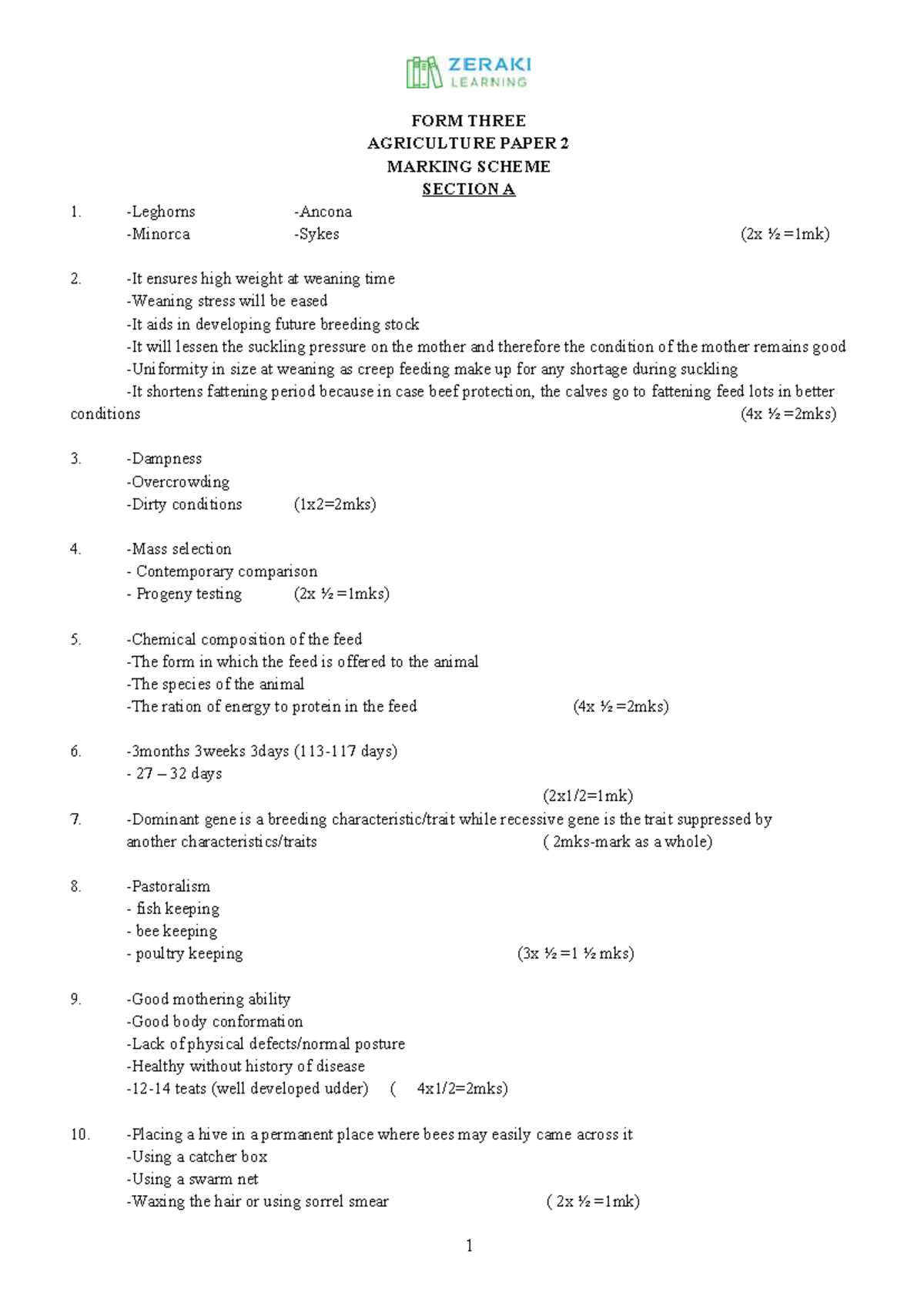 FORM THREE AGRICULTURE PAPER 2 MARKING SCHEME - Studocu