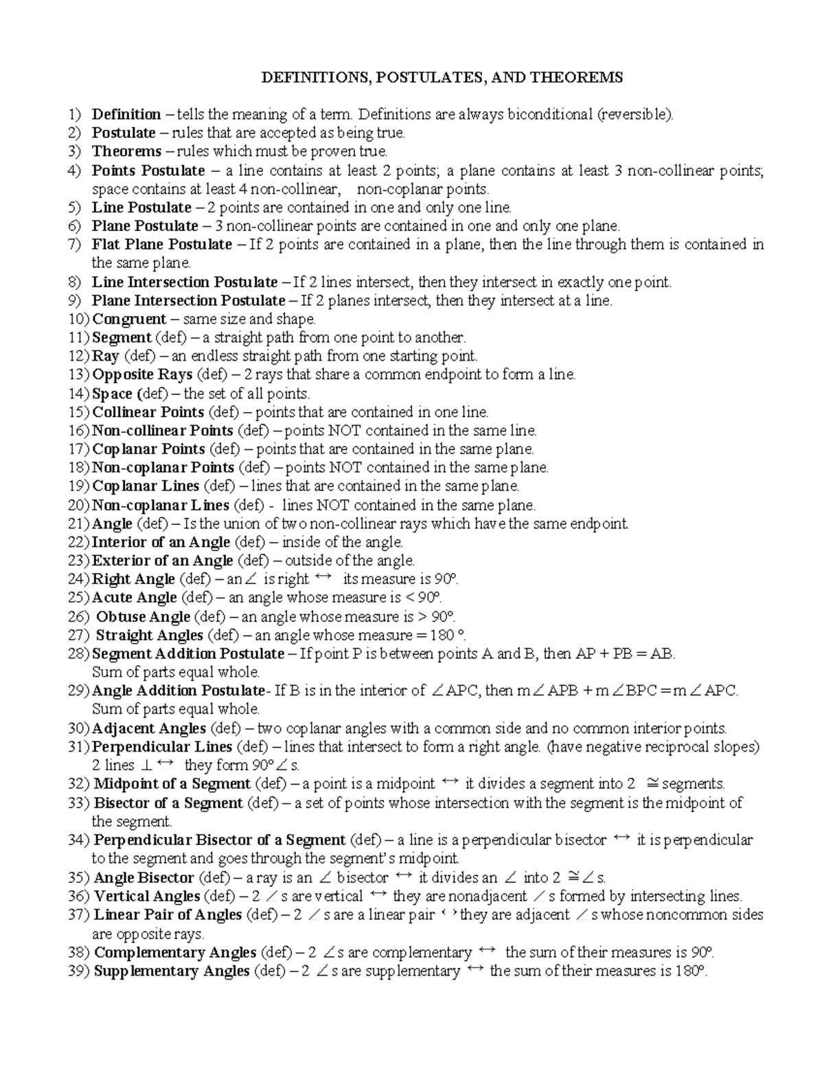 Definitions Postulates and Theorems - DEFINITIONS, POSTULATES, AND ...