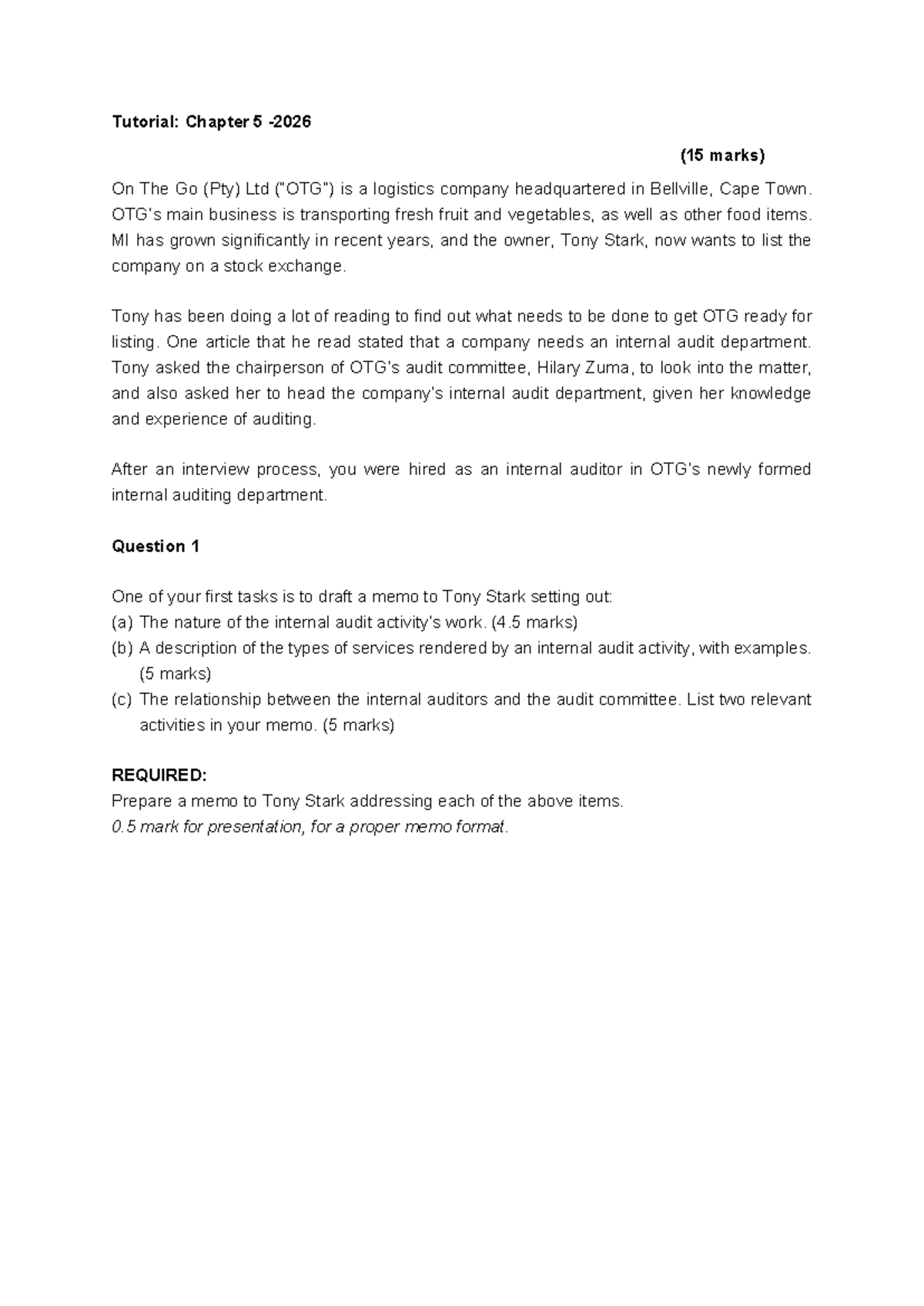 Tutorial: Chapter 5 - Internal Audit Services Memo (15 Marks) - Studocu