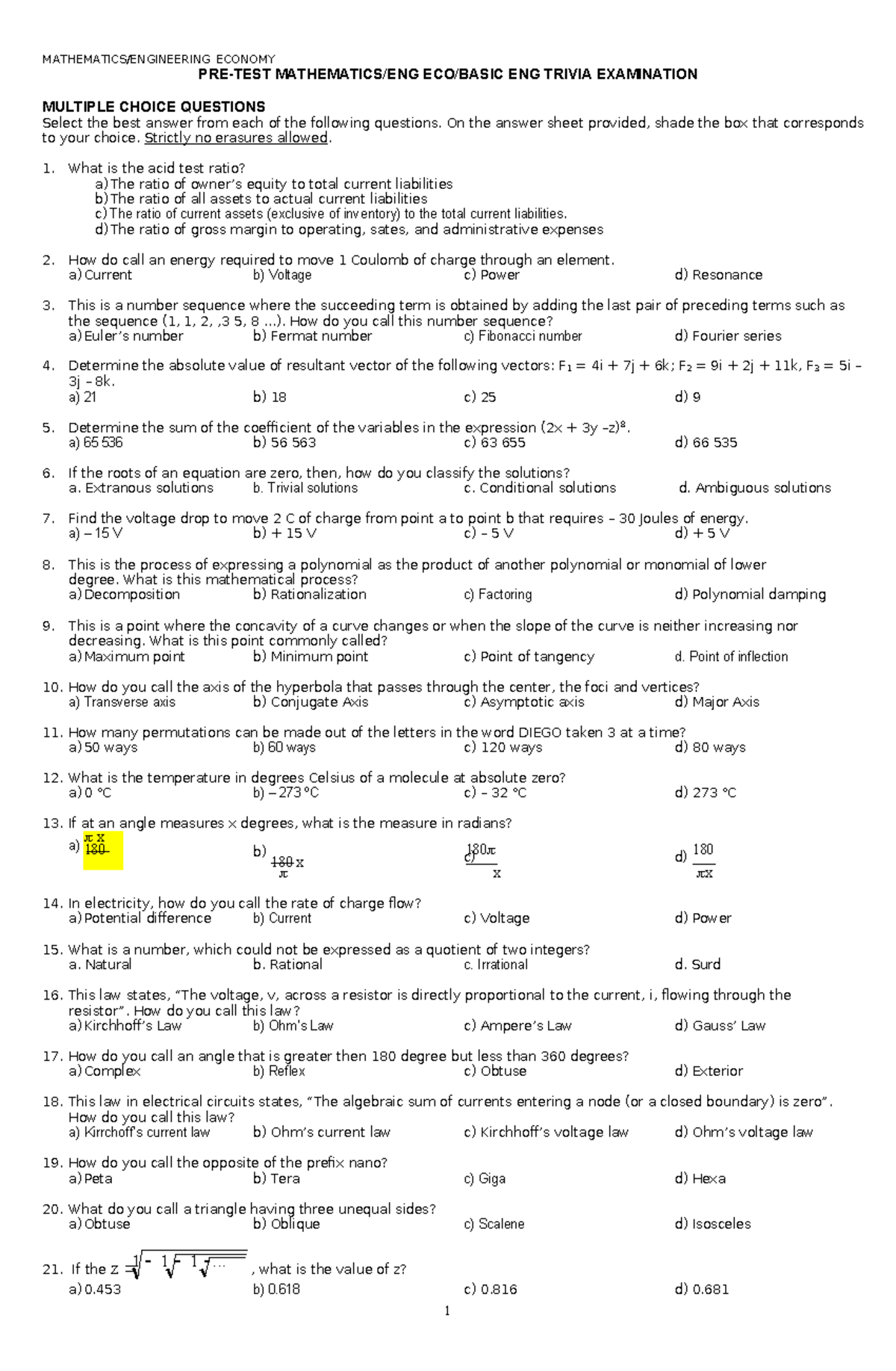 IB 4 - Engineering Economics Trivia Examination MCQs - Studocu