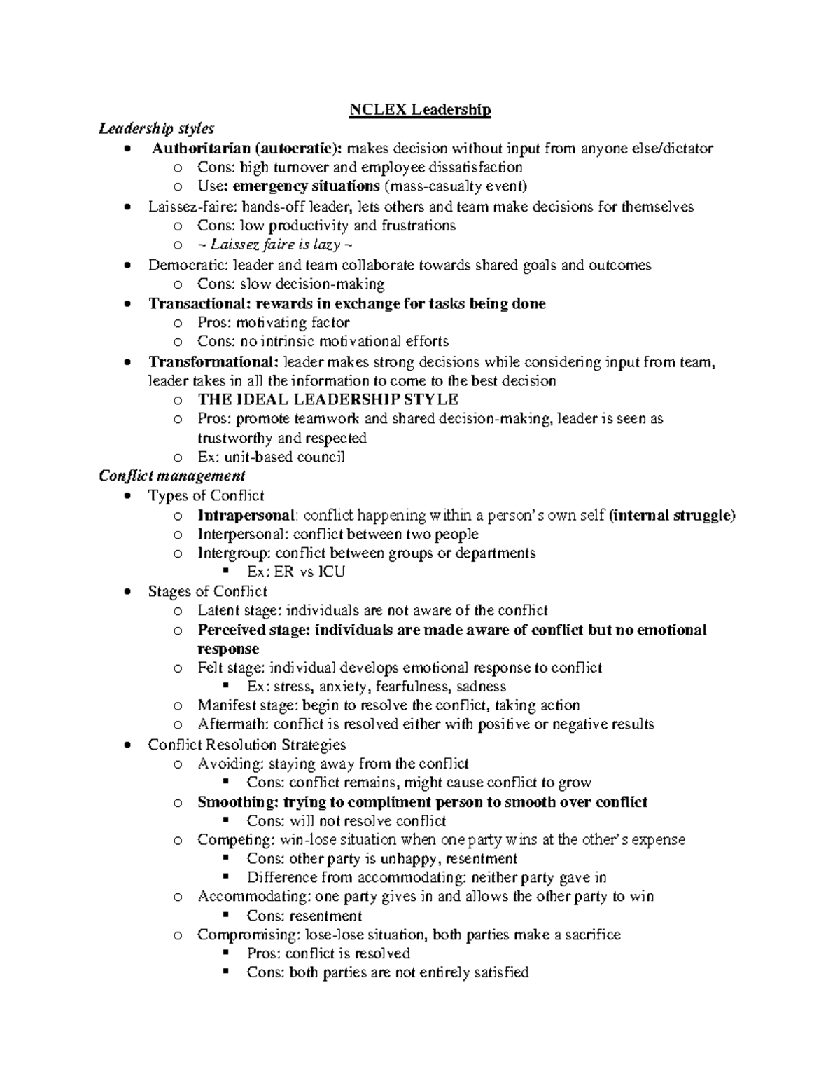 Nclex Leadership - Notes - NCLEX Leadership Leadership styles ...