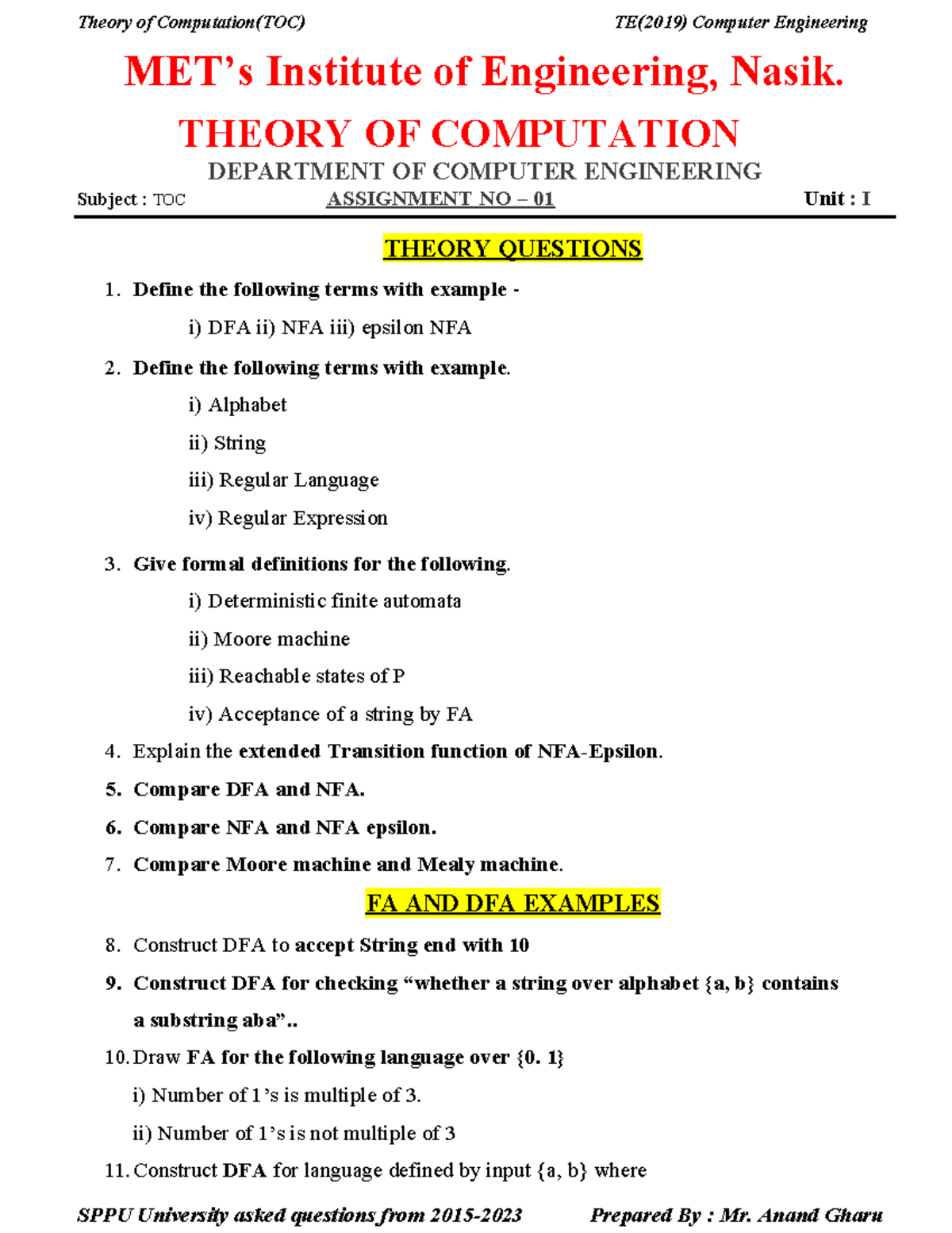 Theory of Computation (TOC) TE(2019) Assignment No 01 Notes - Studocu