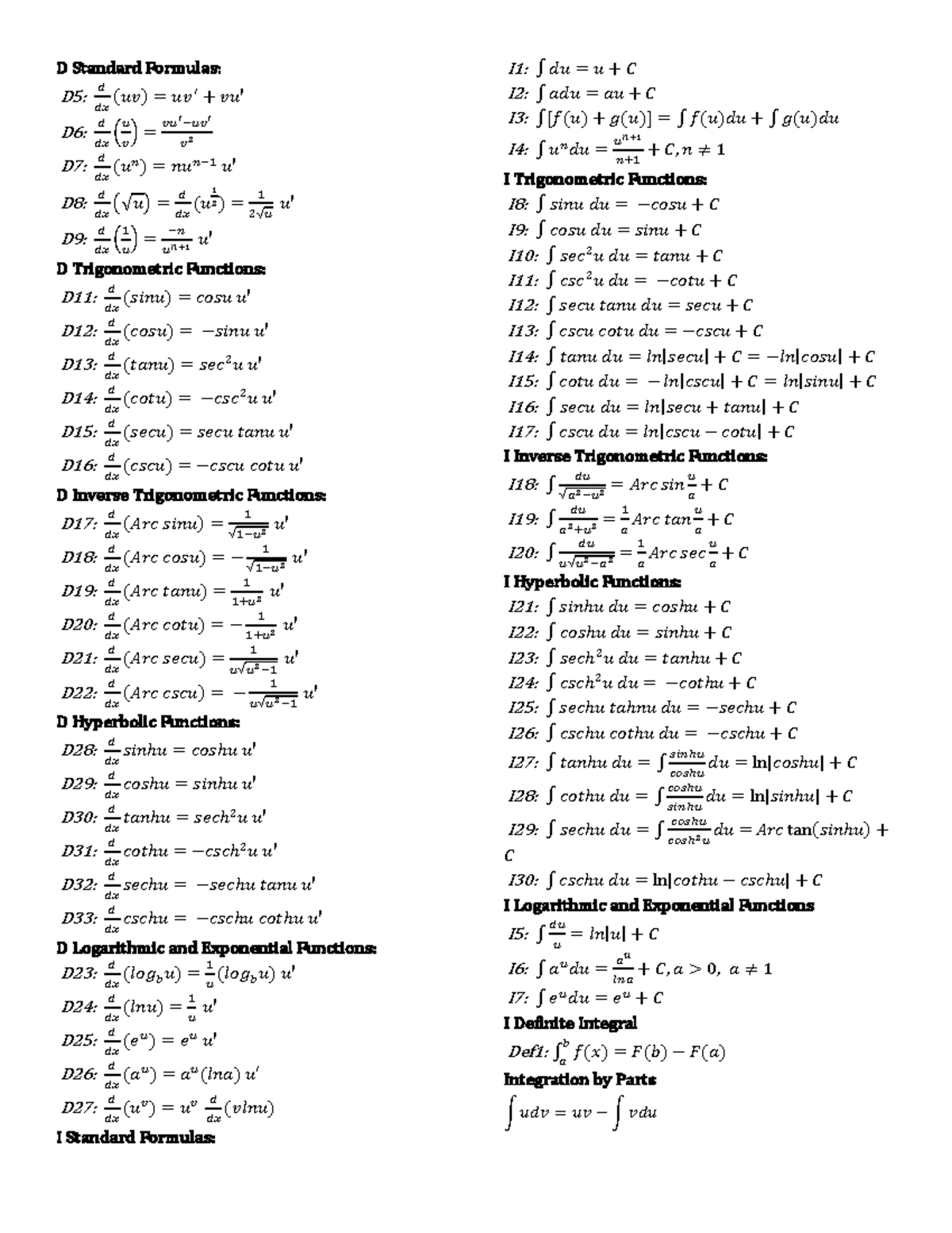 cal 1 formula sheet - D Standard Formulas: D5: 𝑑 𝑑𝑥 (𝑢𝑣) = 𝑢𝑣 ′ + 𝑣𝑢 ...