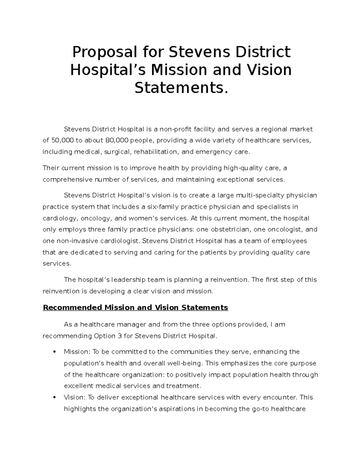 Wk. 2 Assignment Proposal Stevens District Hospital - Proposal for ...