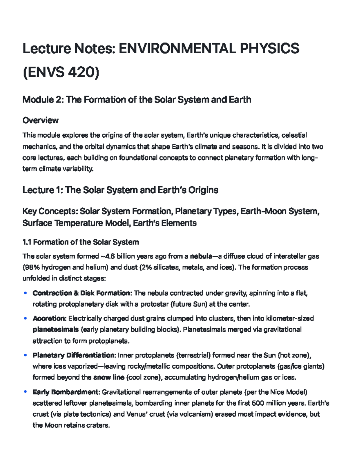 Lecture Notes: ENVIRONMENTAL PHYSICS (ENVS 420) Module 2 - Solar System ...