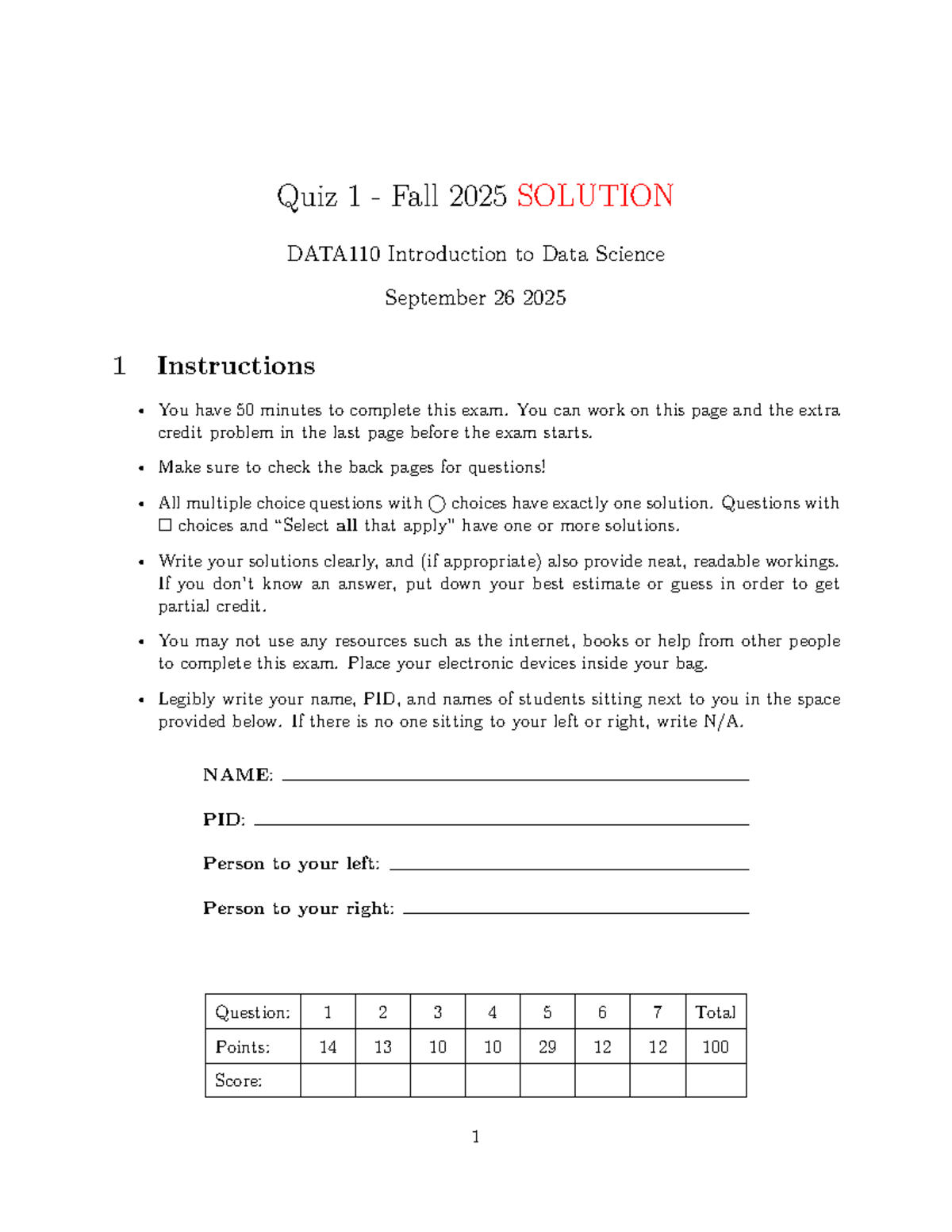 Quiz 1 Solutions DATA110 Intro to Data Science Fall 2025 - Studocu