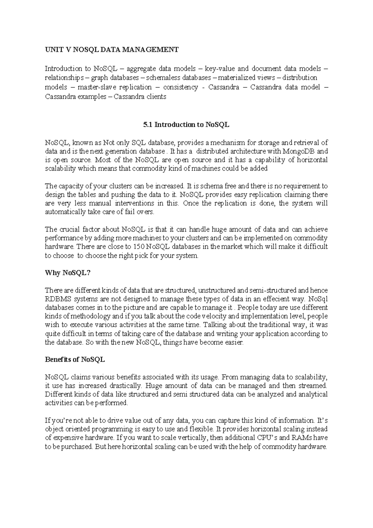 Unit V - NoSQL Data Management: Understanding Data Models & Use Cases ...