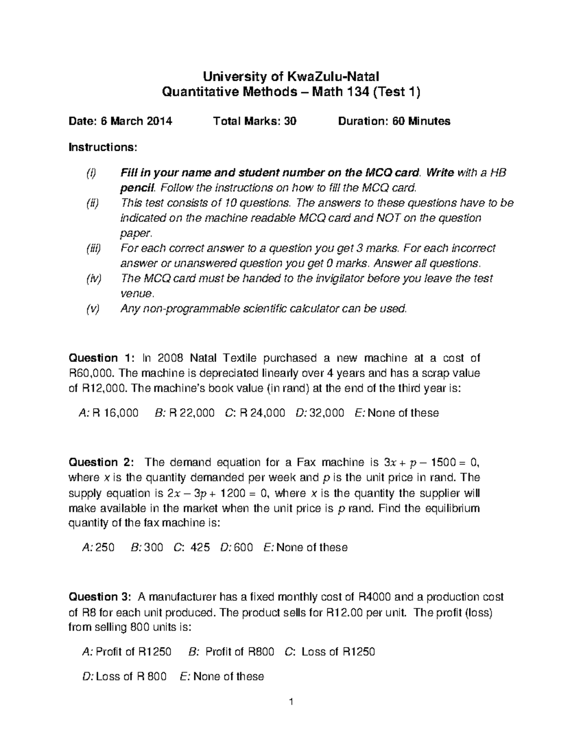 Math 134 - Test 1 - 2014: MCQ Instructions & Questions - Studocu