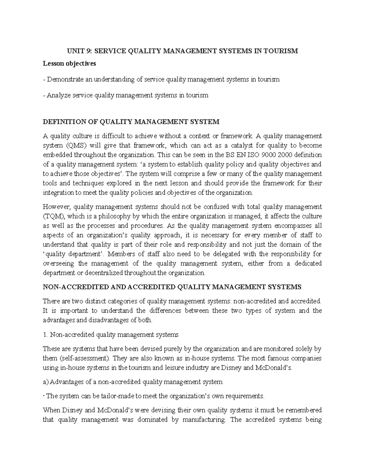 Lesson 9: Service Quality Management Systems in Tourism (Unit 9) - Studocu