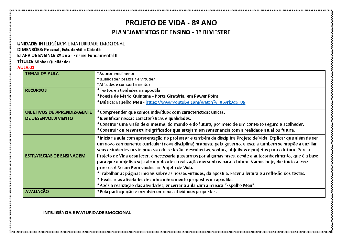 Planejamento do Projeto de Vida para o 8º Ano - 1º Bimestre - Studocu