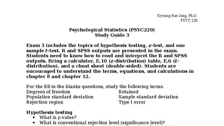 PSYC 220 Study Guide 3: Hypothesis Testing & R/SPSS Outputs - Studocu