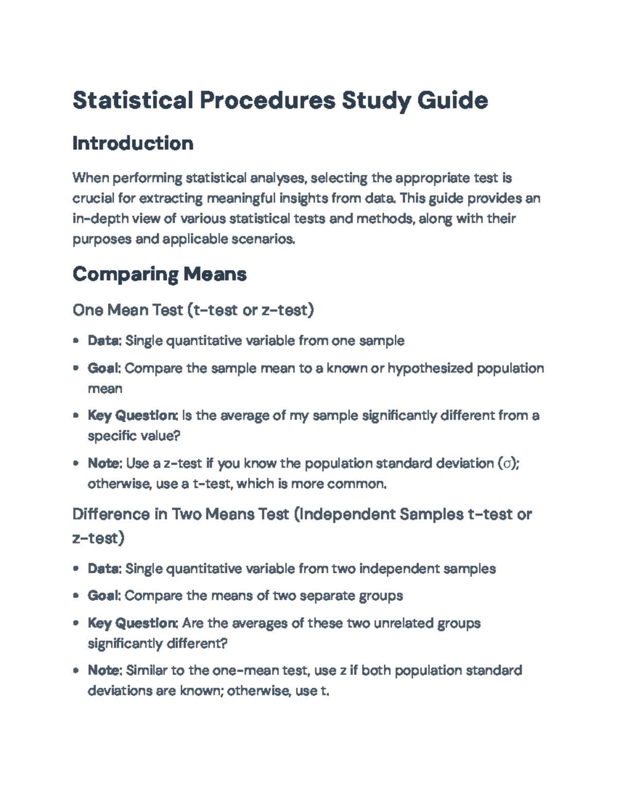 Statistical Procedures Study Guide: Key Tests and Analyses Techniques ...