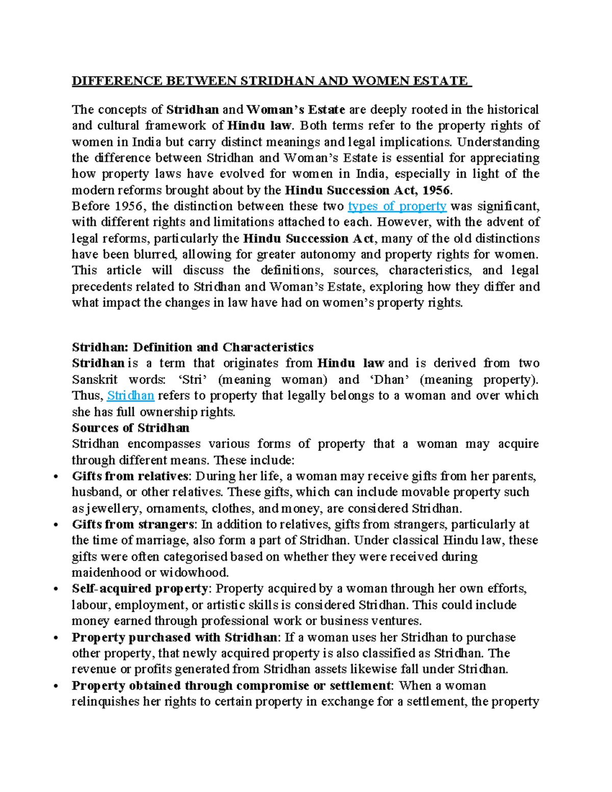 Stridhan vs. Estate: Key Differences in Women's Property Rights - Studocu