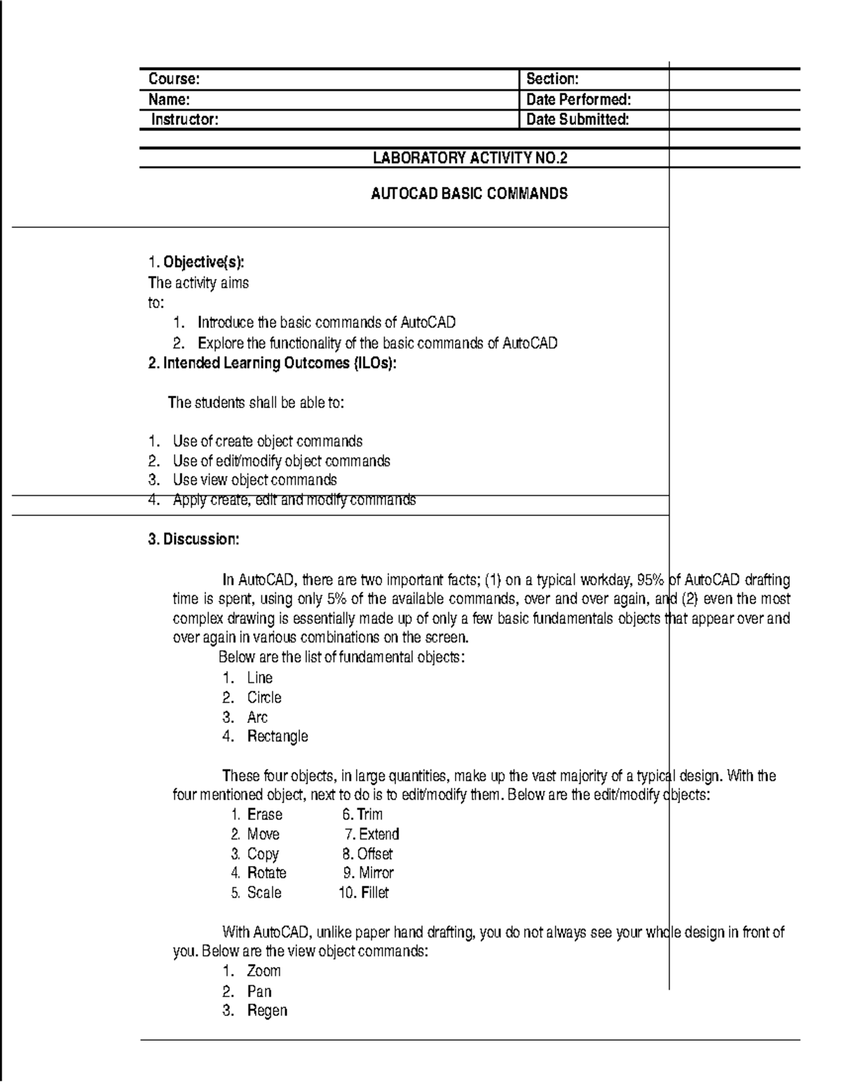 Laboratory Activity 02: Intro to AutoCAD Basic Commands - Studocu
