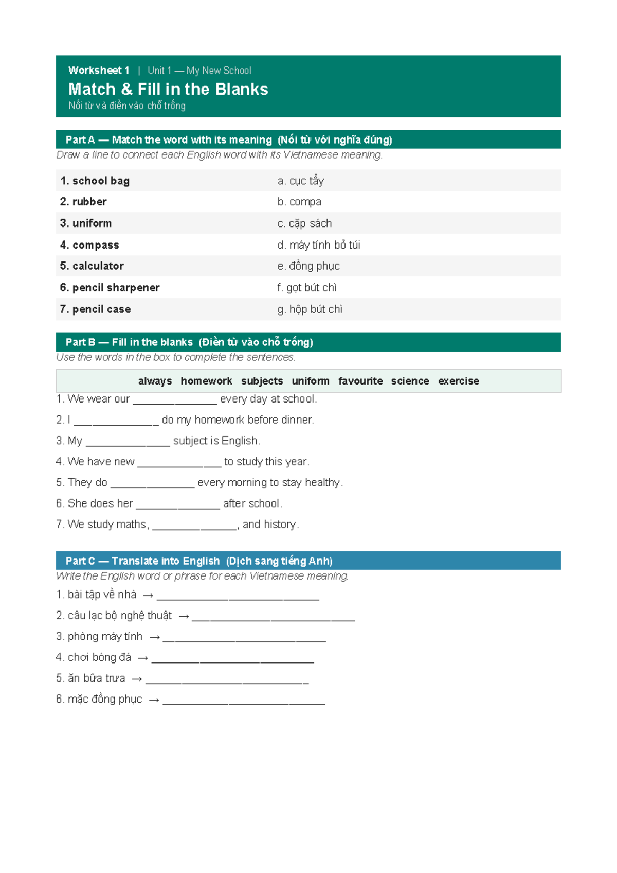 Unit 1 My New School Worksheets: Fill in the Blanks & Activities - Studocu