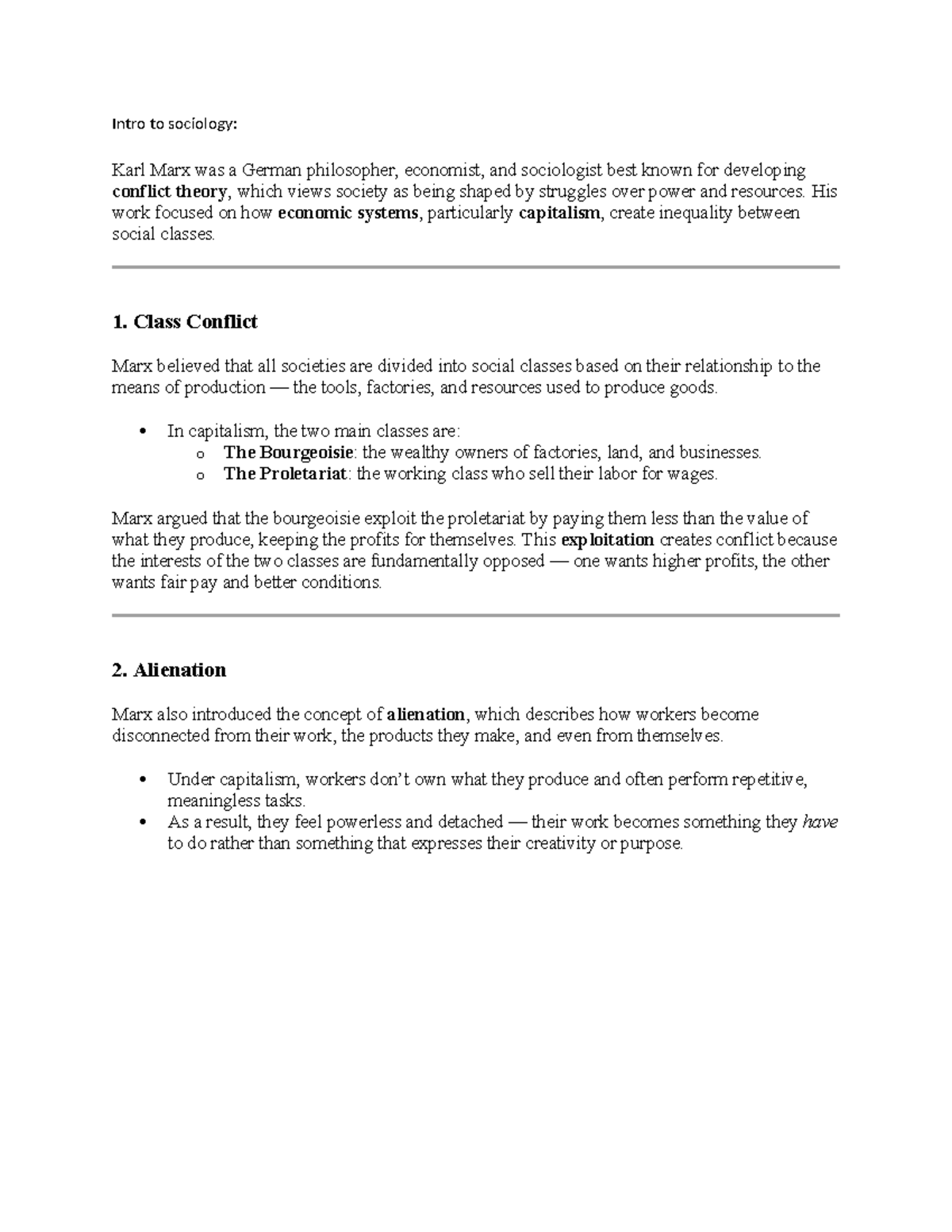 Marx Part 1: Lecture Notes on Class Conflict and Alienation - Studocu