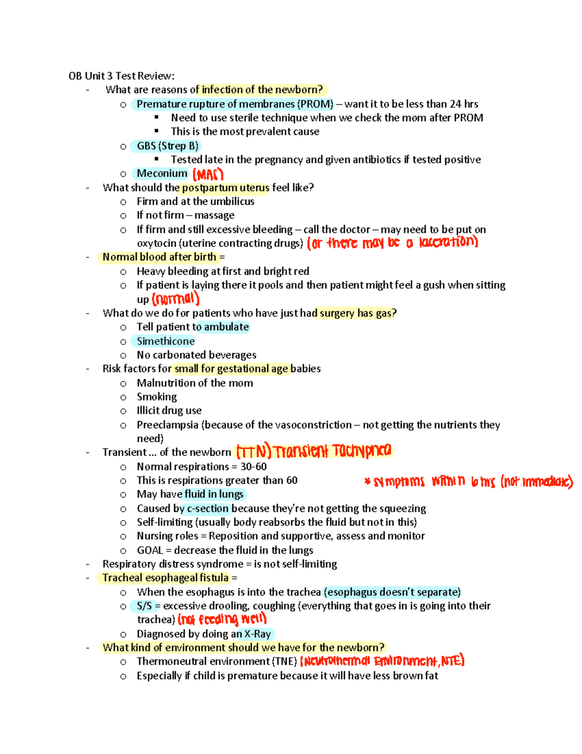 OB Unit 3 Test Review 2: Key Concepts for Newborn & Postpartum Care ...