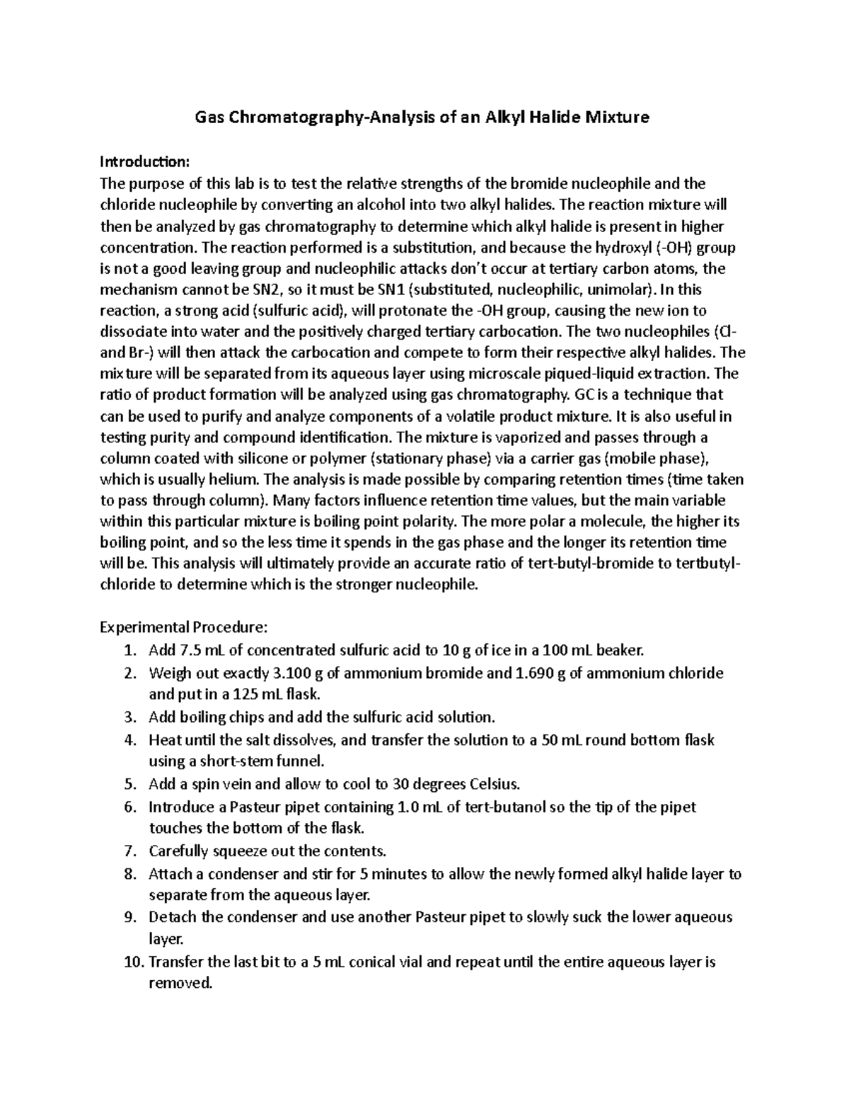 Exp 9 Gas Chromatography Lab Report: Analyzing Alkyl Halide Mixtures ...