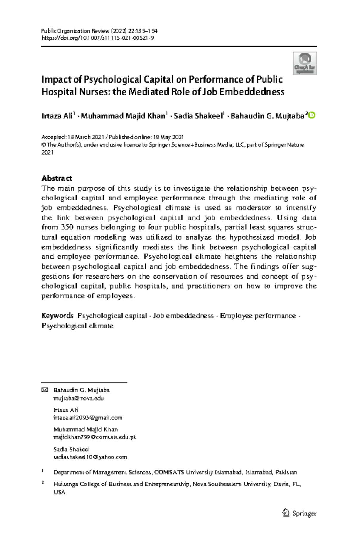 Impact of Psychological Capital on Public Hospital Nurses' Performance ...