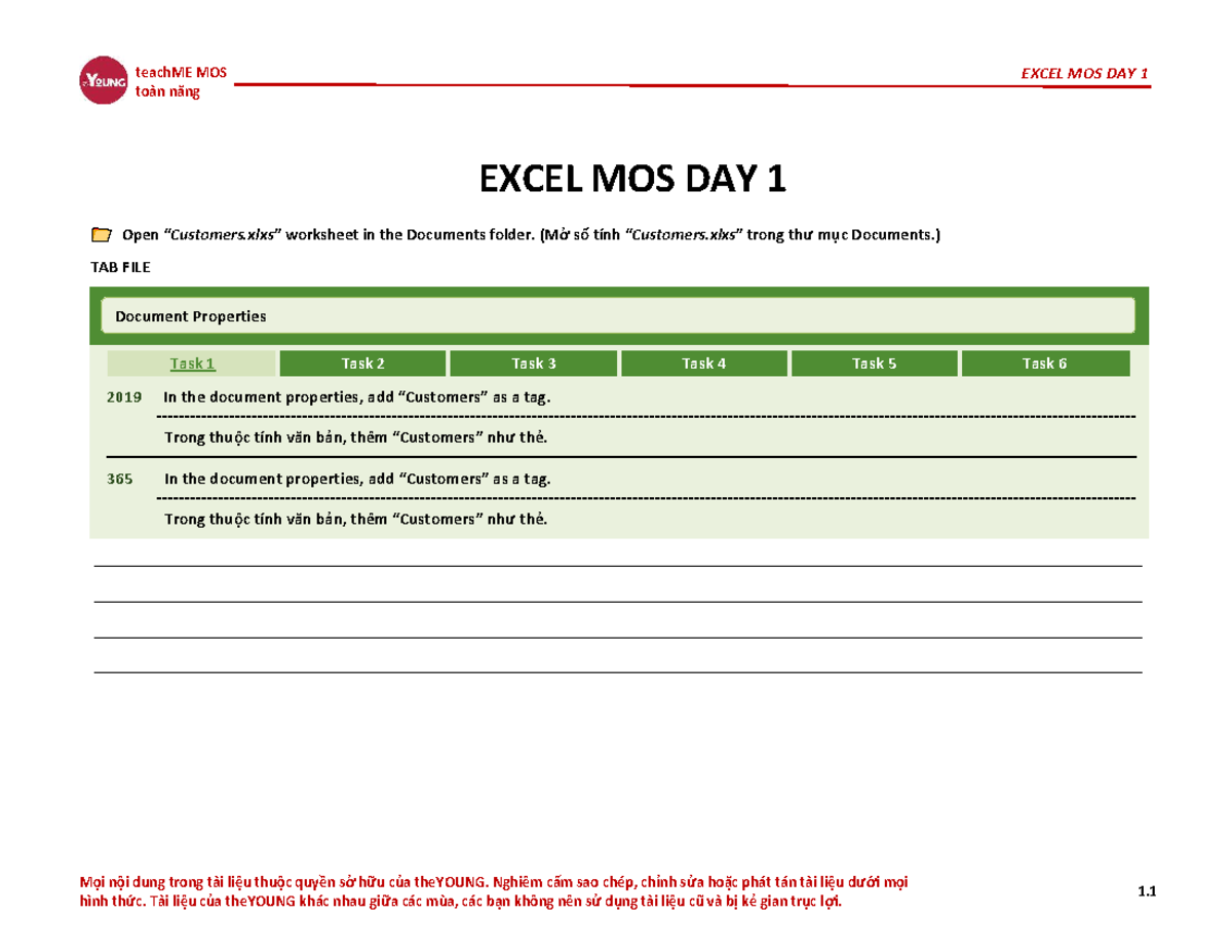 teachME MOS Toàn Năng EXCEL - DAY 1 Overview and Tasks - Studocu