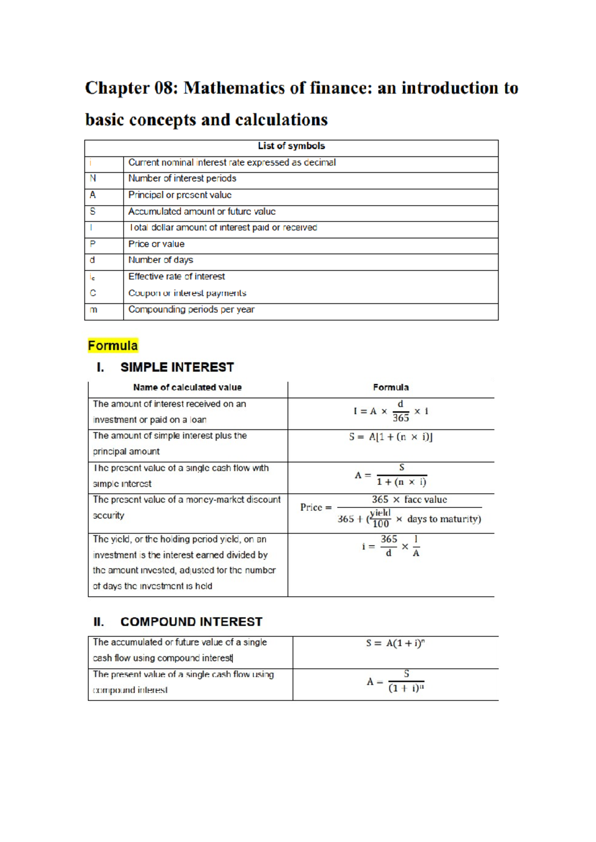 Mathematics of Finance: Key Concepts & Formulas (Ch. 08-19) - Studocu