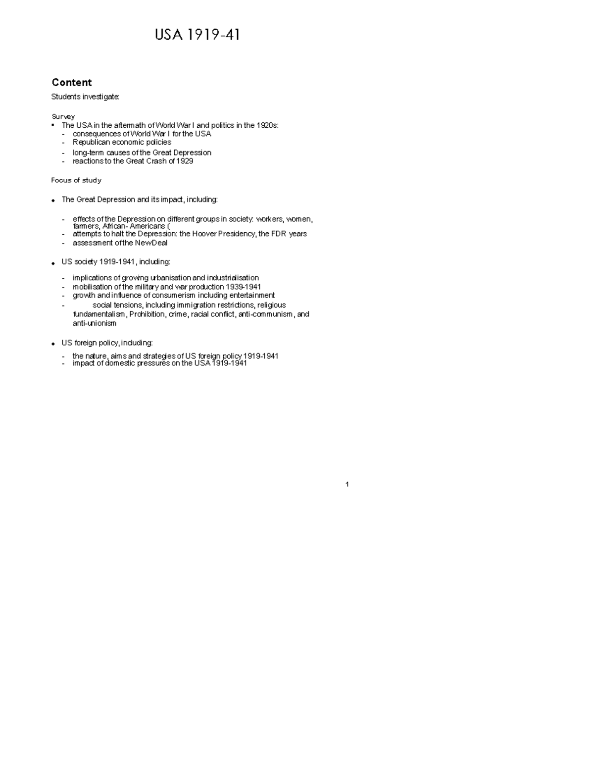 US Modern History Notes - YR12 T2 - The Great Depression & 1920s ...