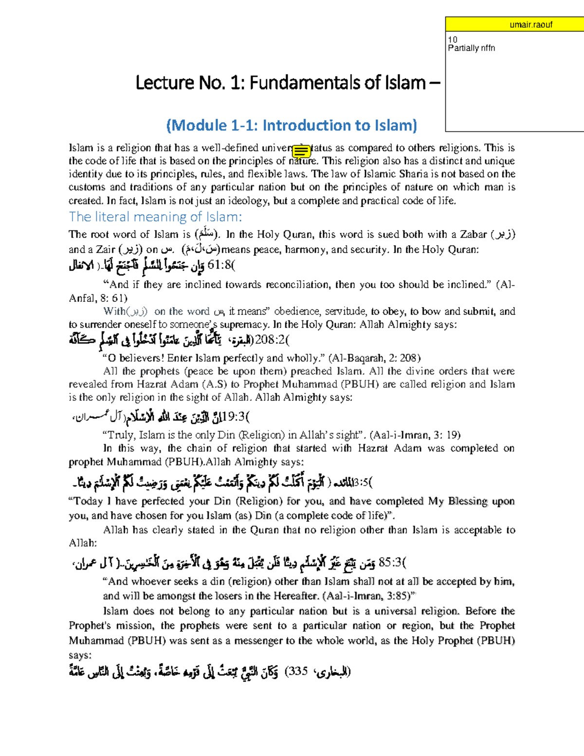 Fundamentals of Islam Lecture 01 ISL202 Notes Summary - Studocu