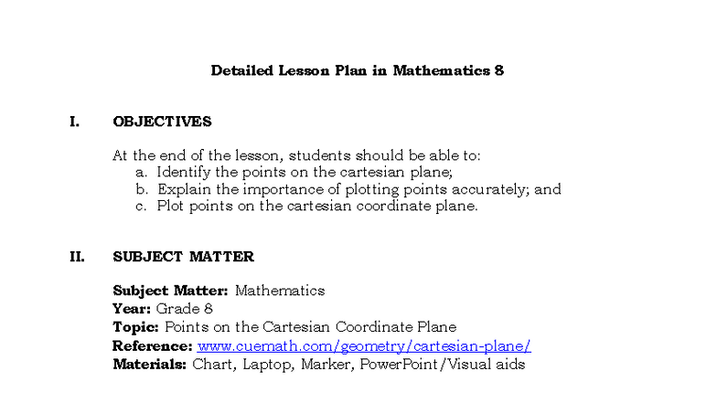 Mathematics 8 Lesson Plan: Points on the Cartesian Coordinate Plane ...