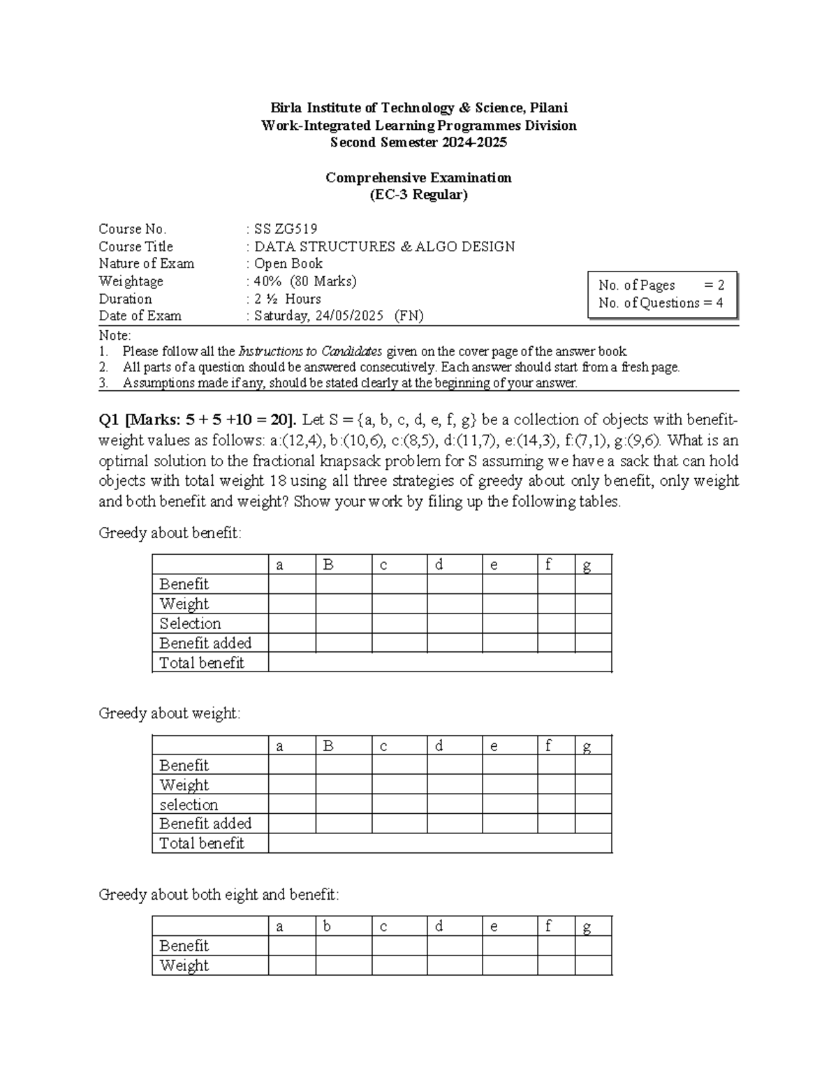 SS ZG519 Data Structures & Algo Design Comprehensive Exam 2024-25 - Studocu
