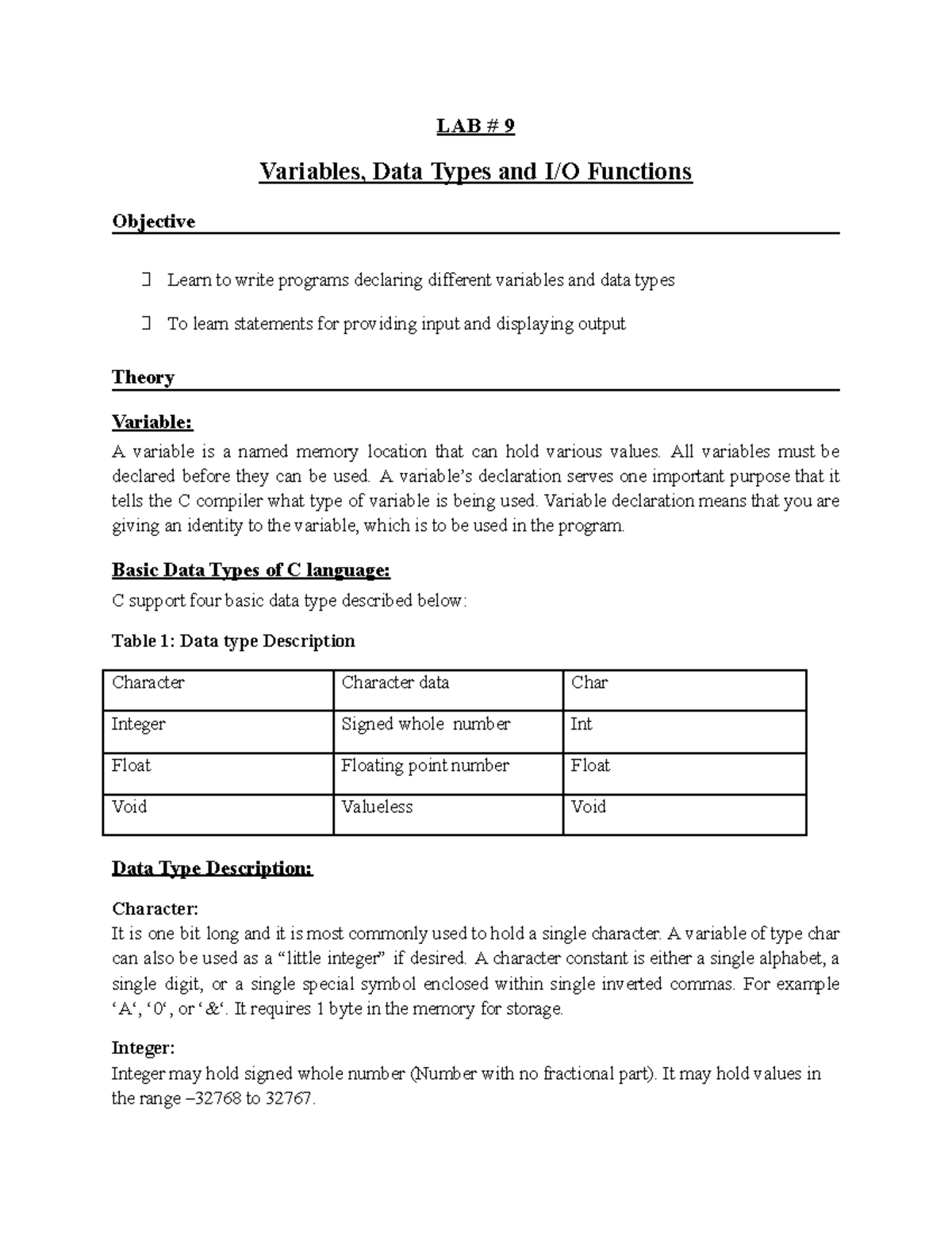 C++ Lab 9: Variables, Data Types, and Input/Output Functions - Studocu