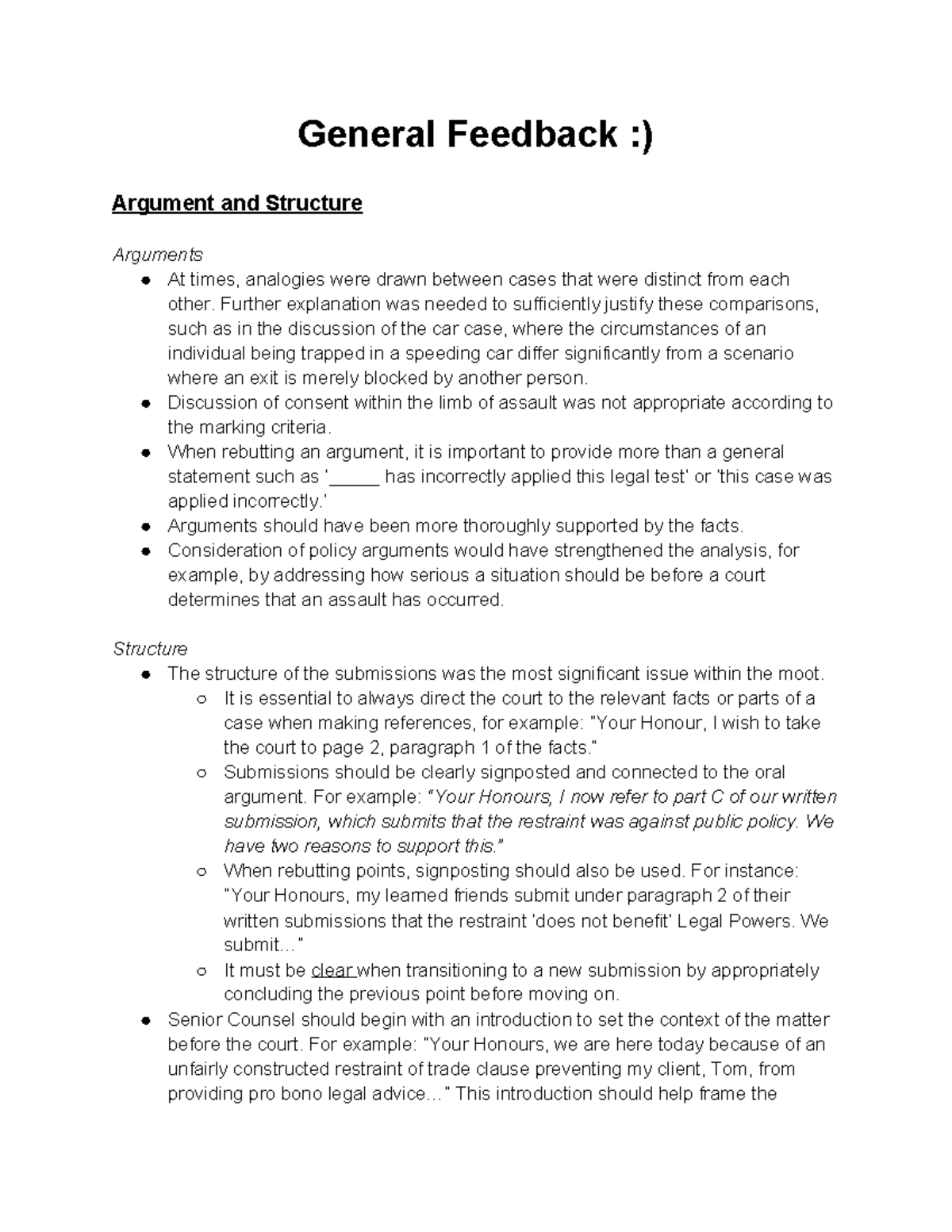 Feedback on Argument Structure and Presentation in Moot Court - Studocu