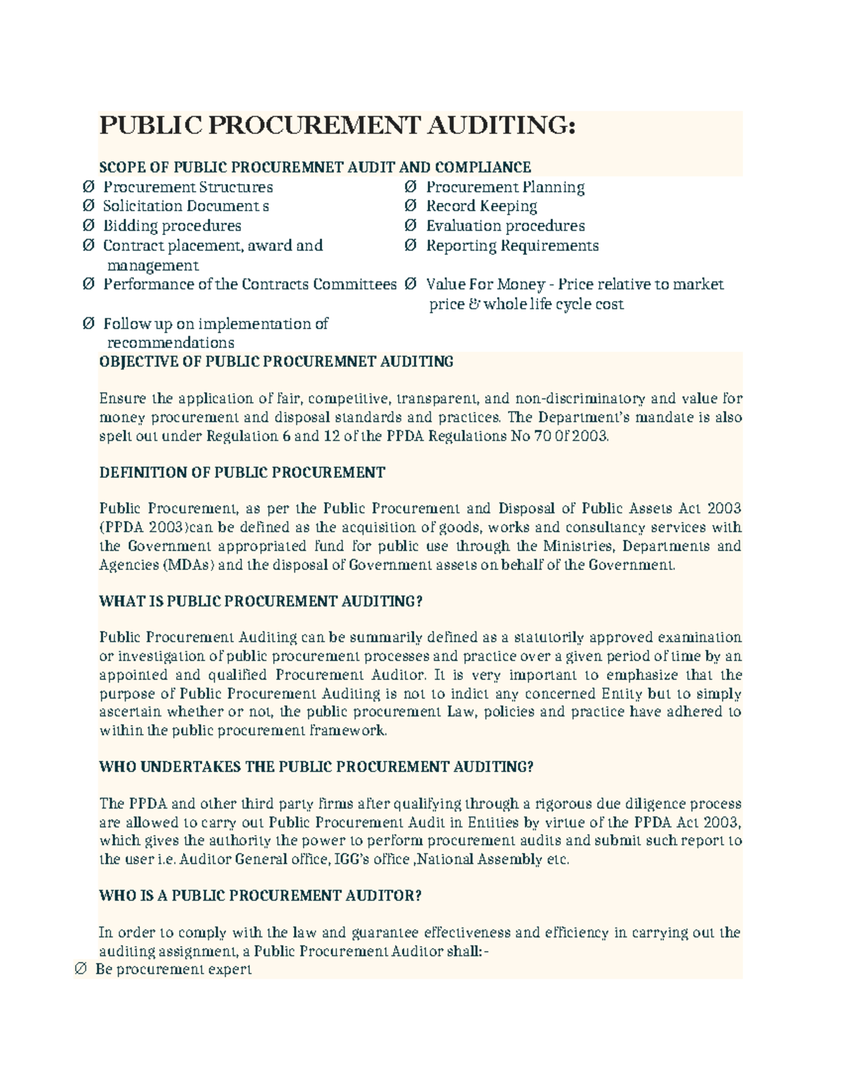 Public Procurement Audit: Scope, Compliance, and Challenges - Studocu