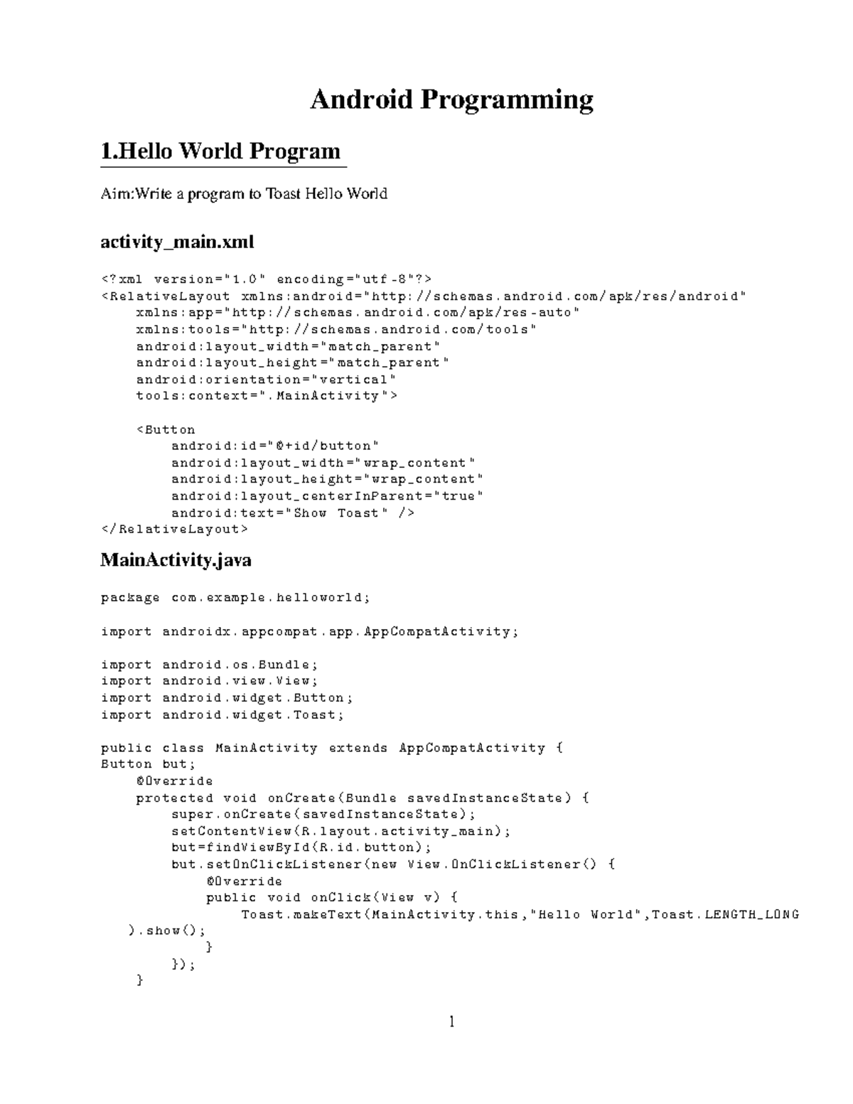 Android Programming: Hello World and UI Component Examples - Studocu