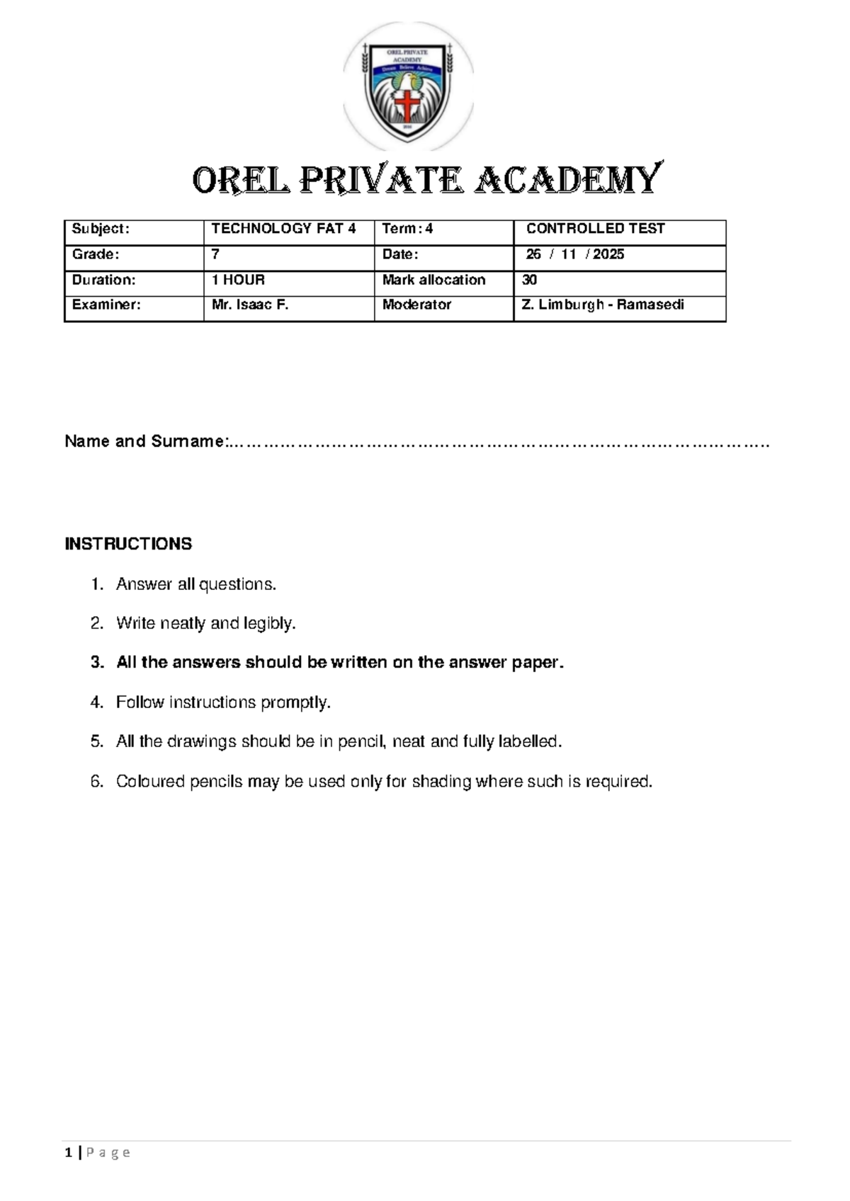 Grade 7 Technology FAT 4 Term 4 Controlled Test 2025 - Studocu