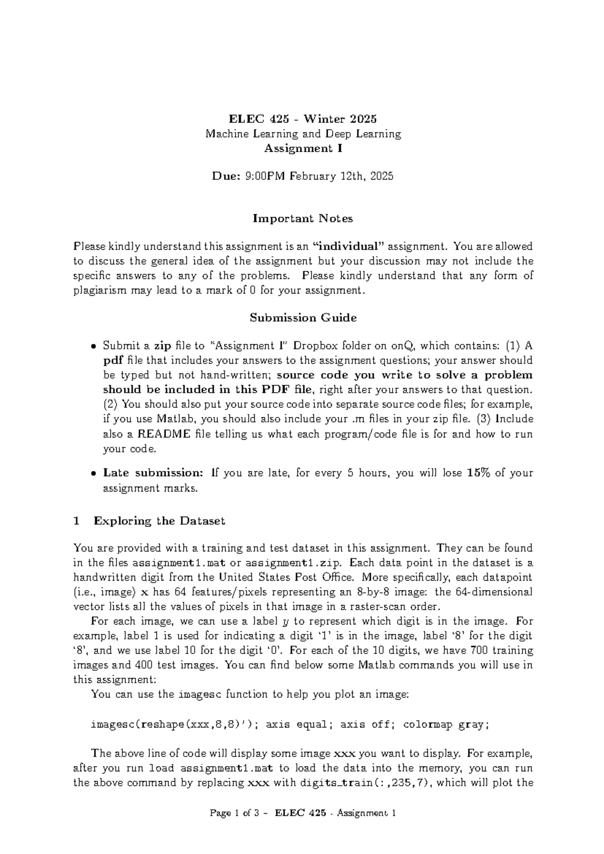 ELEC 425 - Winter 2025: Assignment I on Machine Learning Techniques ...