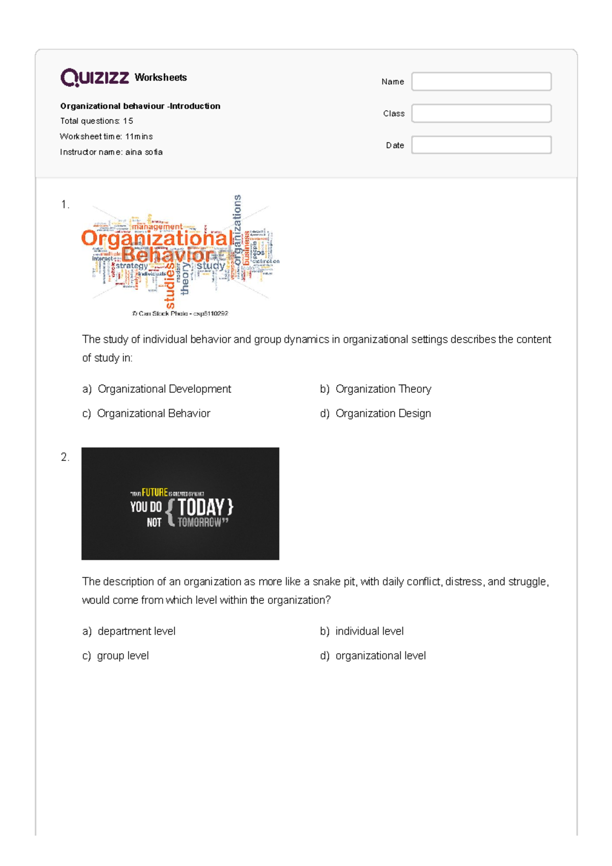Organizational Behavior - Introduction Quizizz Worksheet (15 Questions ...