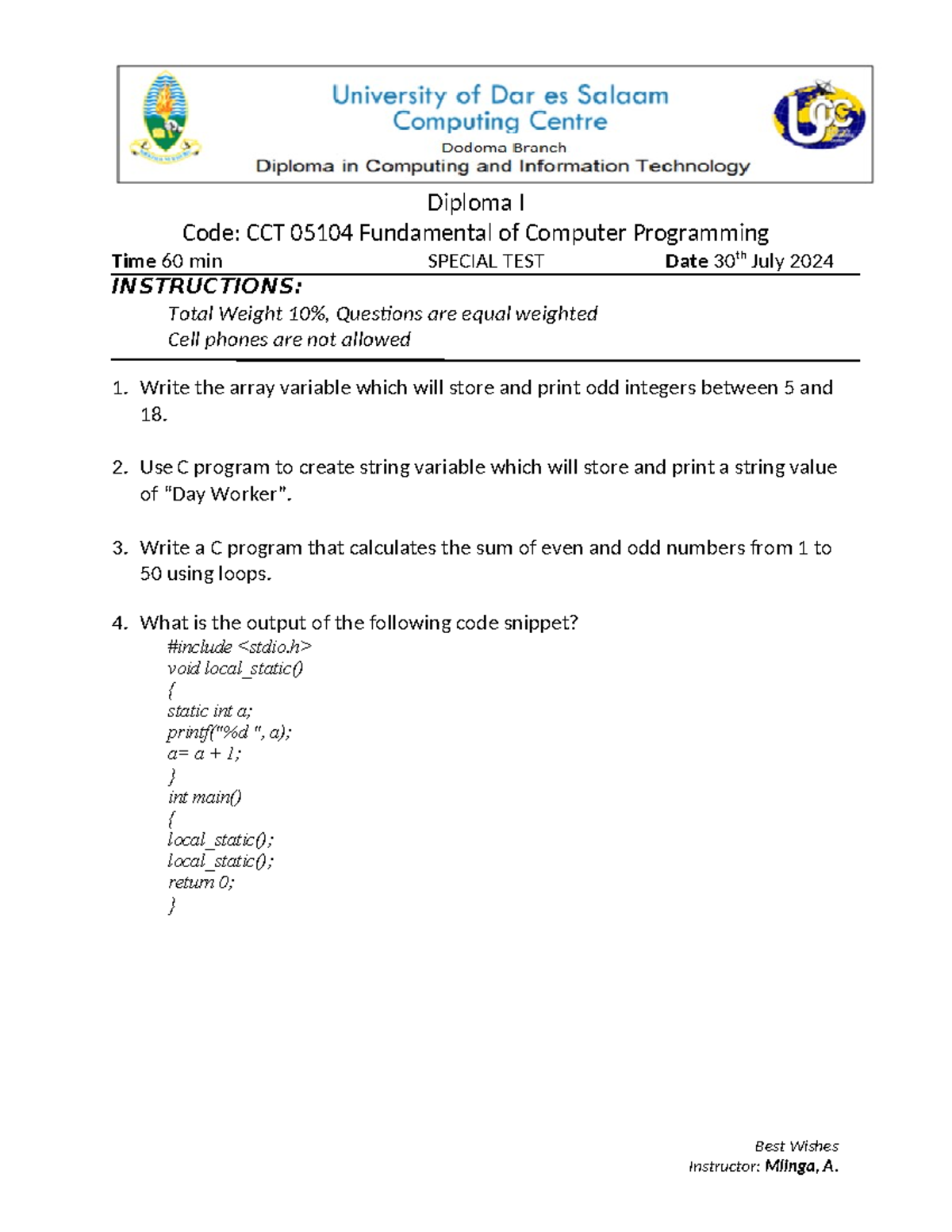 CTT 05104 Special Test July 2024 - Diploma I Code: CCT 05104 ...