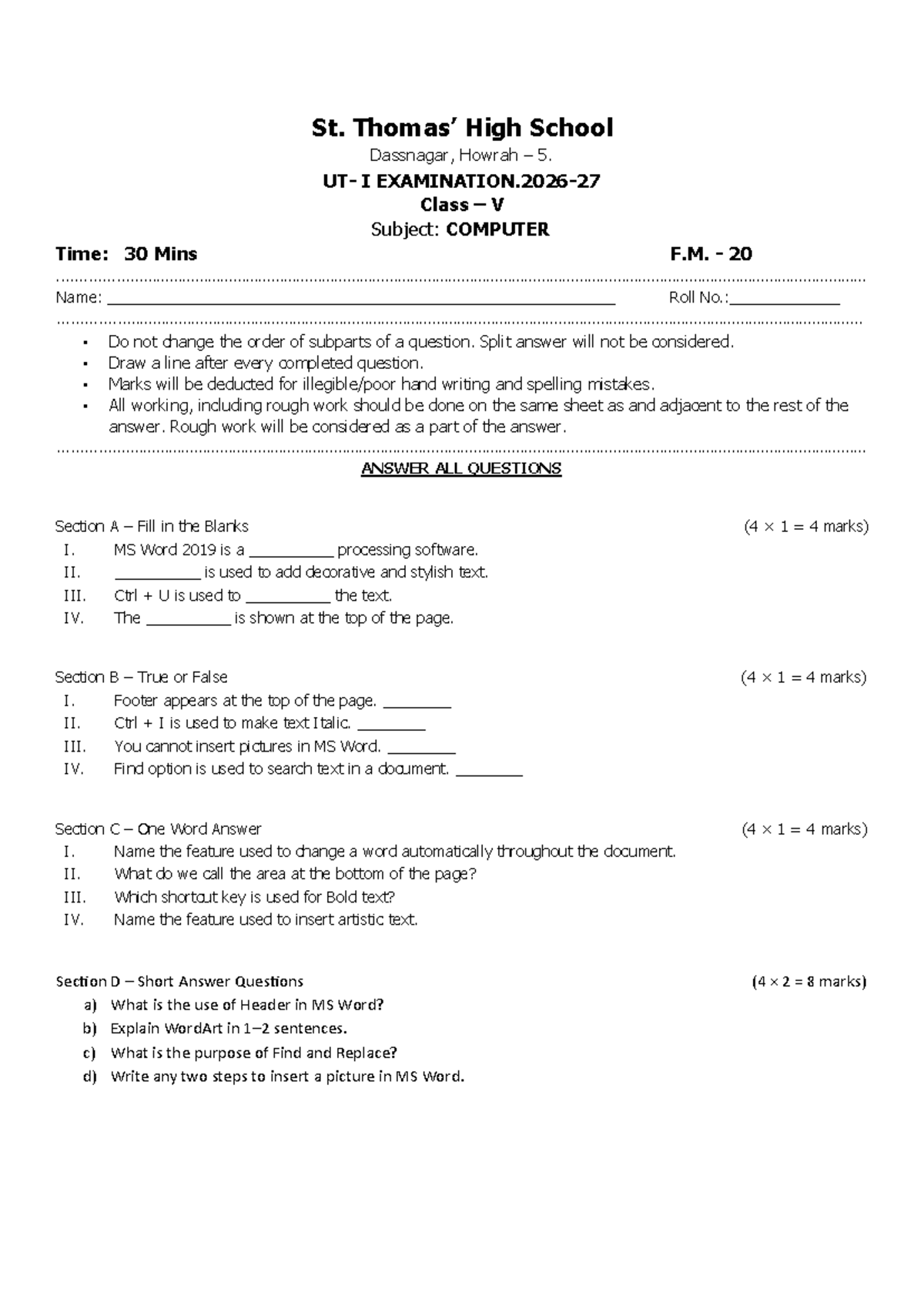 Class V Computer Unit Test 1 - St. High School, Howrah - Studocu