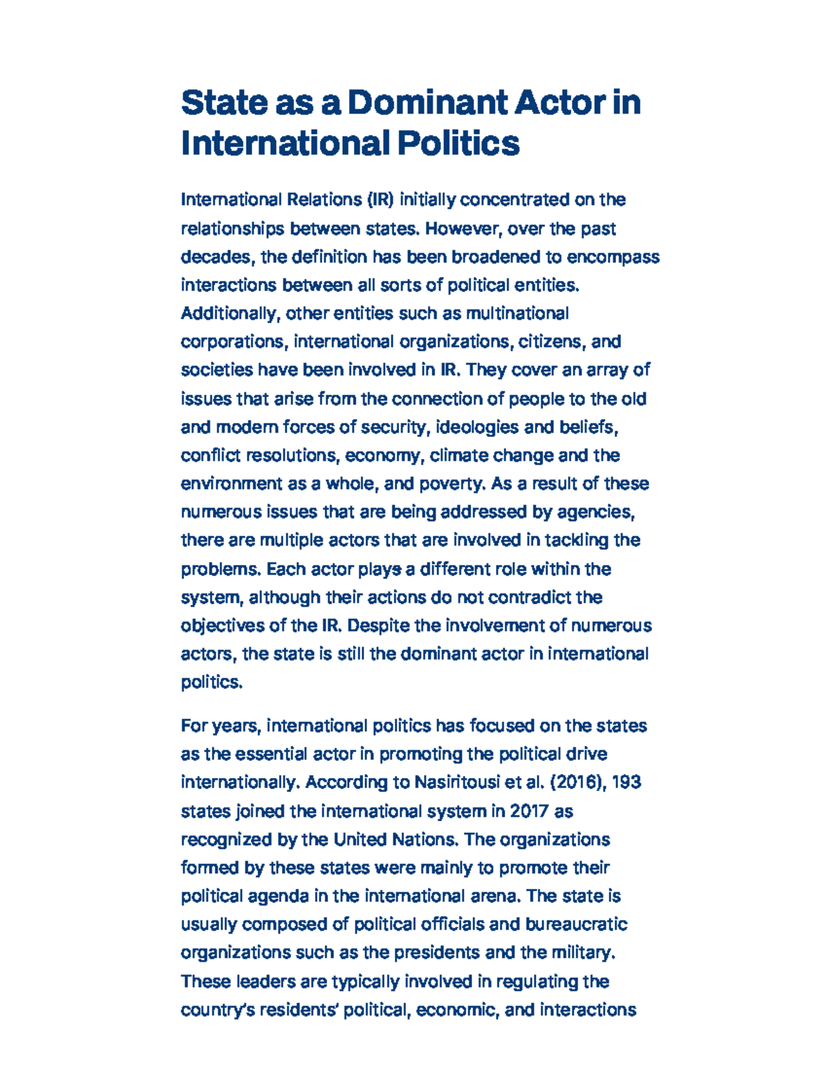 State as the Dominant Actor in Int'l Politics: A Critical Analysis ...