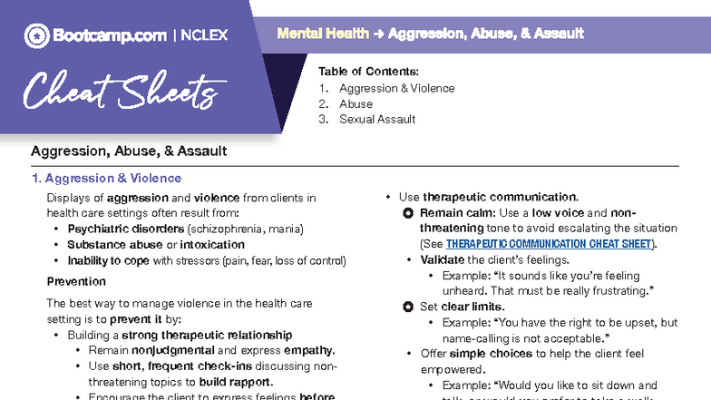 Aggression, Abuse & Assault Cheat Sheet: Nursing Interventions & Signs ...