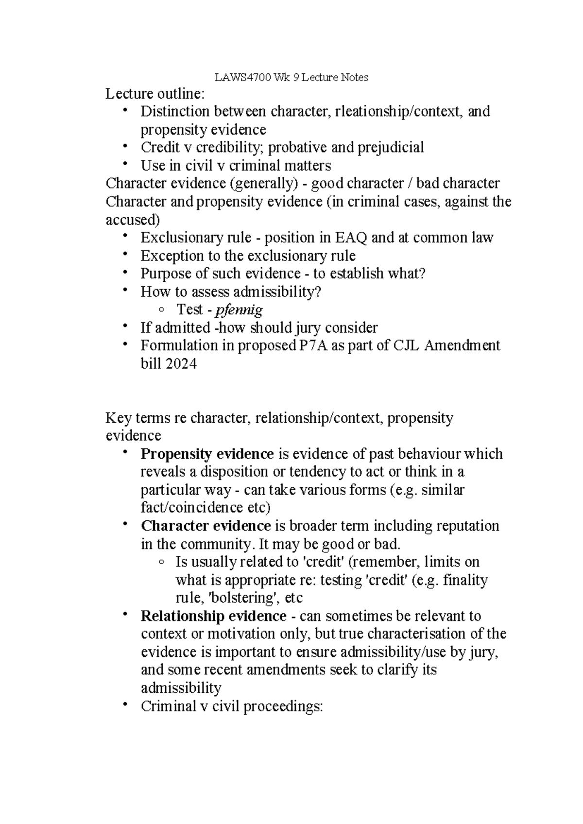 LAWS4700 Wk 9 Lecture Notes: Character and Propensity Evidence Analysis ...